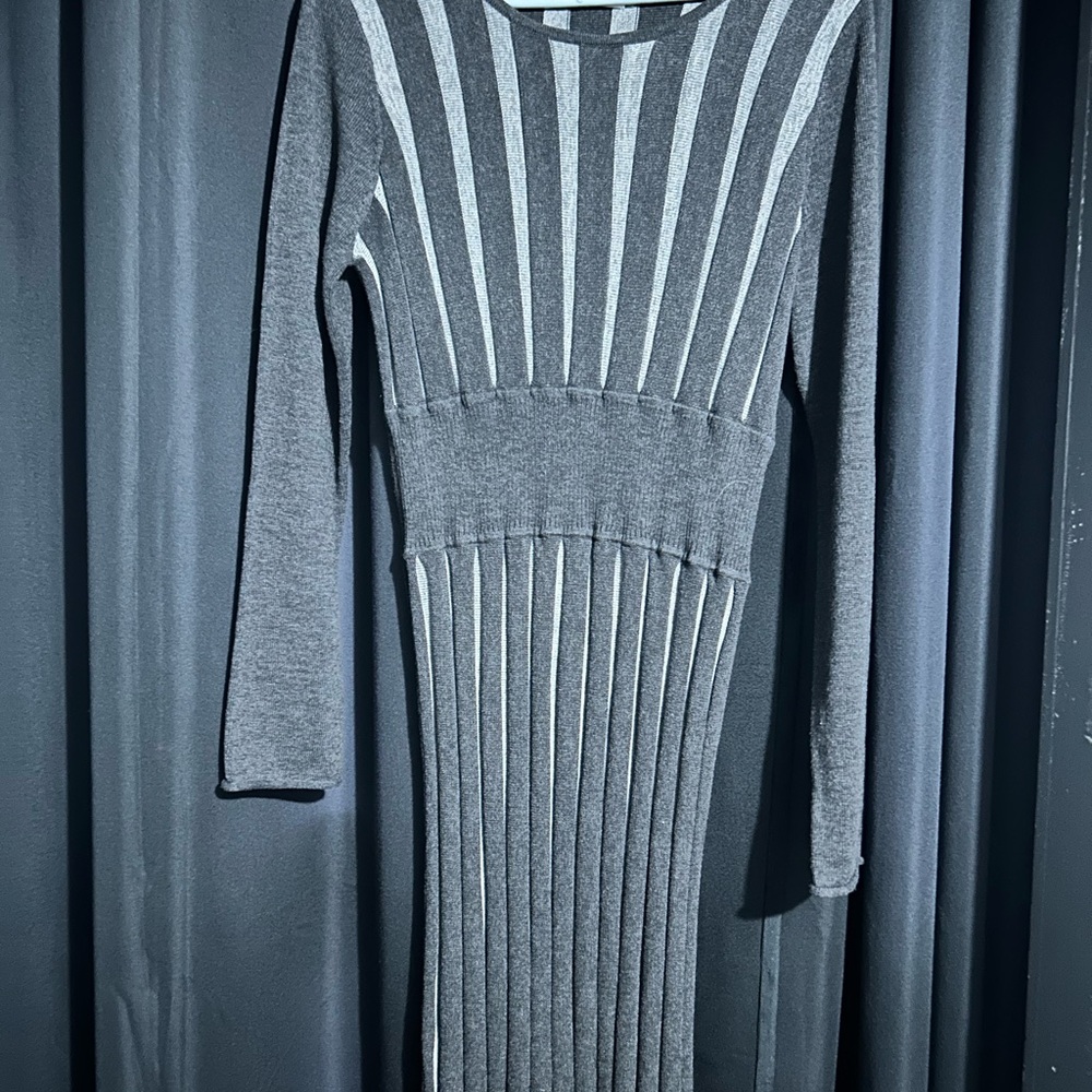 Calvin Klein Charcoal Gray Ribbed Long Sleeve Midi Dress